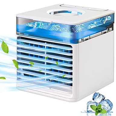 JIMACRO Aire Acondicionado Portátil Silencio, Mini Enfriador de Aire, 4 en 1 Ventilador Purificador de Aire y Humidificador con 7 Luces y Depósito de agua Led para Hogar Oficina
