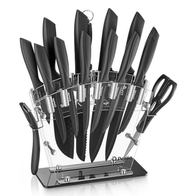 D.Perlla Cuchillos de Cocina, 16 Piezas Negro Revestimiento Antiadherente Juego de Cuchillos de Cocina, Acero Inoxidable de Alto Carbono, Afilado y Antioxidante, con Soporte Acrílico y sacapuntas