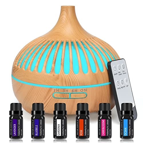 Difusor Aceites Esenciales, 550ML Humificador de Aromas Ultrasonico con 6 x10ml Aceites Esenciales,Silencioso Humidificador Aceites Esenciales con Mando a Distancia,Timer,7 Color LED,para Hogar, SPA