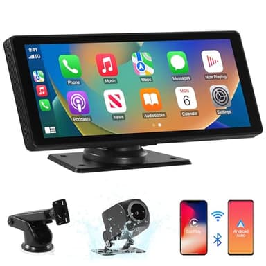 Pantalla de Coche con CarPlay y Android Auto Inalámbricos, Pantalla Portátil CarPlay de 10.26 Pulgadas con Cámara Trasera 720P, Compatible con Bluetooth, Airplay/Mirror Link, Siri/Google, GPS, FM, AUX