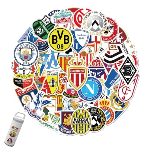 50 Pcs Pegatinas de Logotipo del Equipo de Fútbol, Pegatinas de Fútbol Team Logo Club,Pegatinas de Vinilo Impermeables para Botellas de Agua, Ordenador, Coches, Regalos de Fútbol para Adolescentes