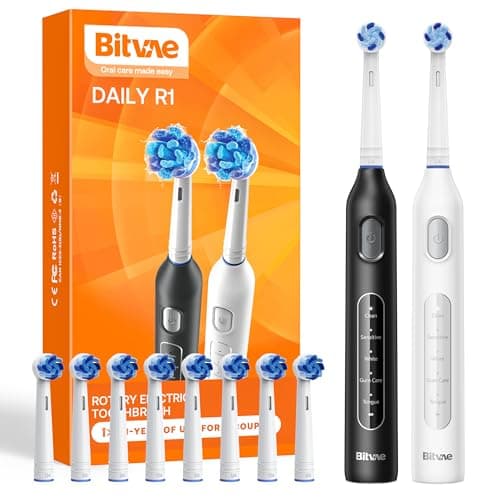 Bitvae Juego de cepillo de dientes eléctrico de 2 piezas para adultos y niños, 8 cabezales, 60 días de duración de la batería, 5 modos con temporizador inteligente de 2 minutos, blanco y negro, R1