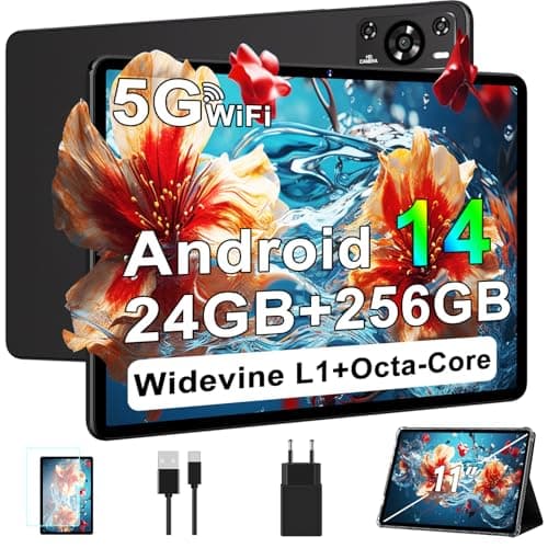 ZIOVO Tablet 11 Pulgadas Android 14, 24GB RAM + 256GB ROM (TF 1TB), Octa-Core 2.0GHz, 5G WiF Tablet, Widevine L1/8000mAh/13+5MP/GPS/BT5.0/Cuerpo Metálico, Tableta con Funda - Negro