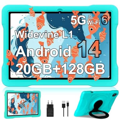 Tablet 10 Pulgadas para Niños Android 14 con 20GB RAM+128GB ROM (TF 1TB), Octa-Core, Widevine L1, 5G WiFi 6, Bluetooth 5.0, Control Parental, 1280 * 800 FHD IPS, 5MP+5MP, Niños Space Funda EVA - Verde