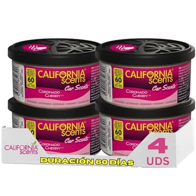 California Scents Ambientador de Coche en Lata - 4 Pack - Fragancia Duradera de Cereza (hasta 30 Días) - Control de Intensidad de Olor para un Ambiente Fresco y Personalizado en tu Coche, 42g