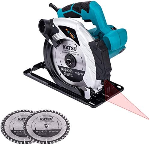 KATSU Sierra Circular 1600W 185mm con Guía Láser y 2 Discos 24T+40T, Corte 65mm (90º), 45mm (45º) para Carpintería, Corte de Madera, Metal Blando y Plástico 100793E