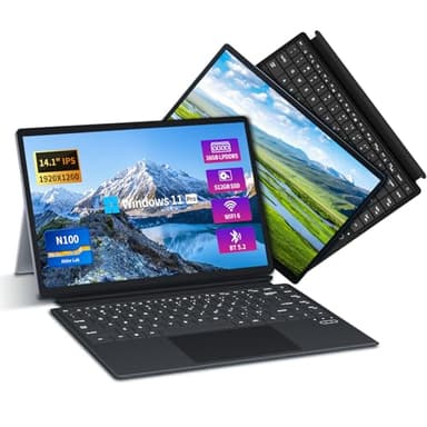 Wexultor Ordenador Portátil 2 en 1, 14.1 Pulgadas PC Portátil 16GB LPDDR5 512GB SSD, Windows 11 Portatil Alder Lake-N100 CPU, Laptop con Pantalla Táctil Tablet PC Extraíbles, Type C+BT 5.2+WiFi 6