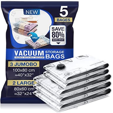 Accenter Bolsas Vacio Ropa 5 Piezas 3XL 100X80cm 2L 80x60cm Bolsas de Almacenamiento al Vacío Ahorra Espacio para Guardar Ropa, Edredones, Almohadas, Mantas