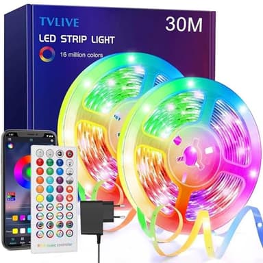 TVLIVE Tira Luces Led Habitacion 30M, Controladas por APP y IR Control 40 Teclas, Modo Musical y Temporizador, rgb Para Fiesta Hogar TV Bar