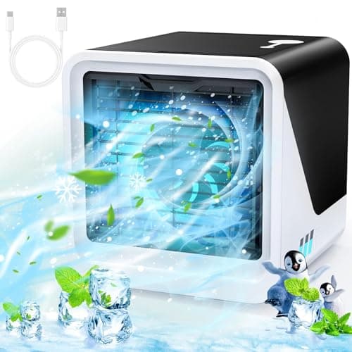 Aire acondicionado portátil 3 en 1 tipo C, ventilador silencioso, tanque de agua de 500 ml, 3 velocidades, luz nocturna de 7 colores, mini aire acondicionado sin tubo de escape con asa, refrigeración