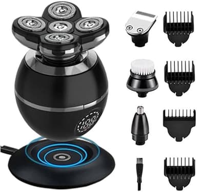 Afeitadora Cabeza Hombre, Maquina Afeitar Cabeza 5 en 1, con 5 Cabezas Rotativa y Pantalla LED, Impermeable IPX7 Rapadora Cabeza Hombre, Afeitadora de Cabeza Hombre en seco y húmedo al agua