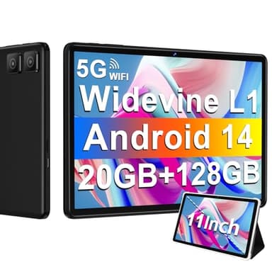 Tablet 11 Pulgadas Android 14 con 8000 mAh + Carga Rápida 18W, 13MP + 5MP, 20GB RAM + 128GB ROM (Ampliable a 1TB), Tablets con Widevine L1, 5G Wi-Fi, GPS, 8 Cores 2.0 GHz, Face ID, Bluetooth 5.0, Nero