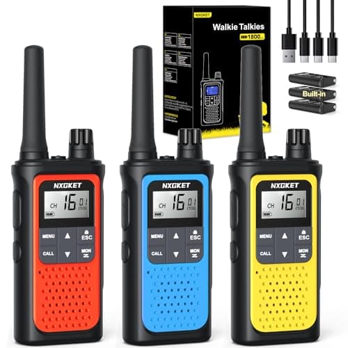 Walkie Talkie Profesional Recargable, NXGKET 3pcs PMR 446 Sin Licencia Radiocomunicación Largo Alcance 5km con Batería Incorporada,16 Canales Radio LCD Pantalla y Luz LED para Camping