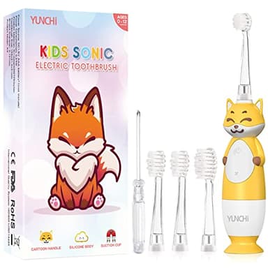 Cepillo de dientes eléctrico para niños a partir de 0 – 12 años, cepillo de dientes eléctrico para bebés y niñas, con luz LED, temporizador inteligente, resistente al agua, con 4 cabezales suaves