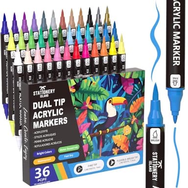 STATIONERY ISLAND Rotuladores Acrílicos 12 Colores Doble Punta (Punta Fina y Pincel) Acrylic Markers Marcadores de Pintura para Piedra, Vidrio, Madera, Porcelana, Cerámica y Tela