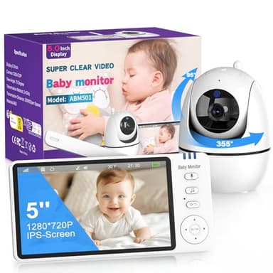 VSIFEHSO Cámara Vigilancia Bebé 5" 720P LCD Cámara Bebe Vigilancia Rotación de 355° Monitor para Bebe 3500mAh con Visión Nocturna VOX Comunicación Bidirecciona Zoom y Detección de Temperatura