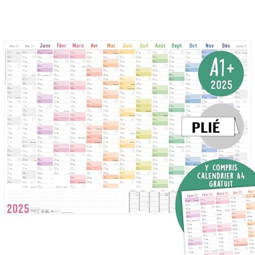 Calendario de pared Häfft® XXL 2025 A1+ en francés (63 x 89 cm) plegado "Rainbow" + agenda anual A4 gratuita, con días festivos de Francia - sostenible y respetuoso con el clima