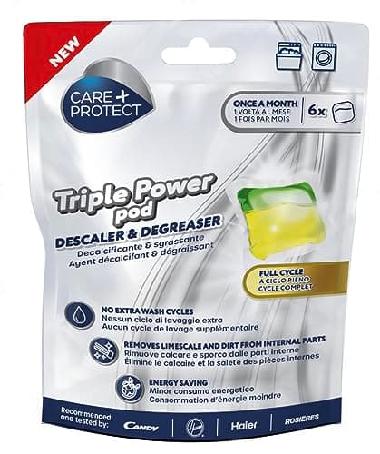 CARE + PROTECT Triple Power Pod Descalcificador y Desengrasante para Lavadora/Lavavajillas, Higienizante de Ciclo Completo, Limpiador, Eliminador de Cal, Solución de Ahorro de Energía, 6 Cápsulas