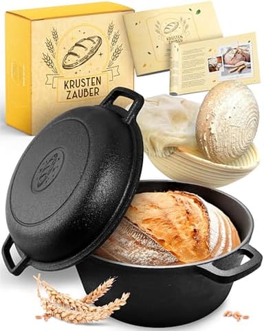 KRUSTENZAUBER Olla de hierro fundido para hornear pan con cesta de fermentación – robusta 26 cm de hierro fundido para hornear
