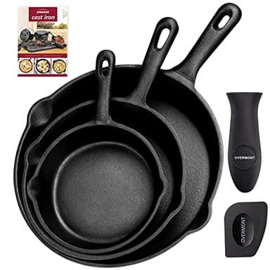 OVERMONT Pre-sazonado Sartén Ollas de Hierro Fundido para Freír, Utensilios de Cocina Seguros para Estufa, Barbacoa, Fogata, Varios Tamaños, Negro