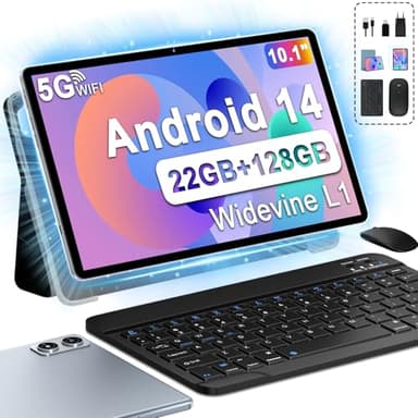fezawio Tablet 10 Pulgadas Tablets Android 14, 22GB Ram+128GB ROM Octa-Core Tablets 5G WiFi, 8000 Mah, (1tb TF) Tablet con Teclado y RatóN + un año de Seguro contra Rotura de Pantalla- Gris