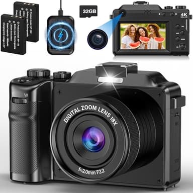 Cámara Digital 4K, 64MP Autofocus Cámara de Fotos, 18X Cámara Fotográfica Compacta 3'' Vlogging Cámara con 32G Tarjeta Cargador de Batería Lector y 2 Baterías para Principiantes