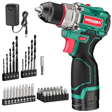 HYCHIKA Taladro atornillador batería, motor sin escobillas, 45Nm Máx, con 23+1 de par de giro, 2 velocidades, 1500mAh 53 accesorios Adecuado para atornillar, taladrar en madera, plástico, metal