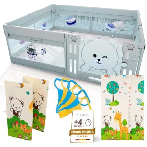 PARVULI Parque Infantil Bebe - Corralito Bebe con 6 agarraderas y Alfombra de Juegos Acolchada - Parque Bebes para Casa Plegable con Malla Transpirable y Vayas con Protecciones (120X180)