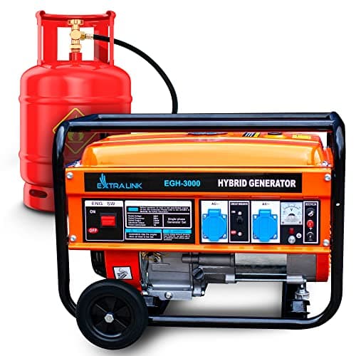 Grupo Electrógeno Híbrido, 3kW 1F, Potencia máx. 3000W, Capacidad del depósito 15L, funcionamiento hasta 11 horas, Protección contra averías/sobrecargas, Generador electrico gasolina/generador a gas