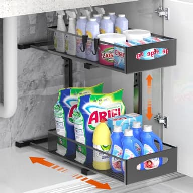 Housolution Organizador Bajo Fregadero de Metal, 2 Niveles Estanteria Bajo Fregadero Extraible con Altura Ajustable, Estante de Almacenamiento Bajo Fregadero para Cocina, 1 Pieza, Negro