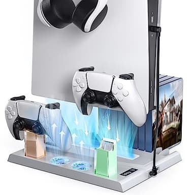Aceshop Soporte PS5 con Ventilador y Estación Carga Mando PS5, Multifuncional Soporte Refrigeración con Indicador LED Accesorios Playstation 5 15 Ranuras de Juegos(Edición Disc&Digital) (Blanco)