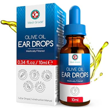 Medi Grade Gotas para Oídos de Aceite de Oliva Virgen Extra - Botella de 10 ml - 100% Grado Médico - Ablanda y Elimina la Acumulación de Cerumen Oído - Uso con el Limpiador de Oídos - Alivio Rápido
