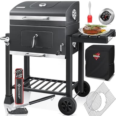 KESSER® Parilla de Carbón con Carrito Grill con Tapa, Ruedas, Mango de Acero Inoxidable | Barbacoa, Cepillo, Cubierta y Termómetro Carbón Wagen Grande BBQ Barbacoa Camping, Jardín XL Gris
