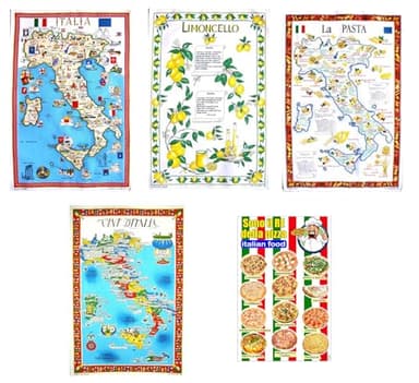 Generico Juego de 5 paños de cocina italianos con limoncillo, pasta de vino, pizza, fabricados en Italia, productos típicos italianos, de algodón, artesanías locales, idea de regalo