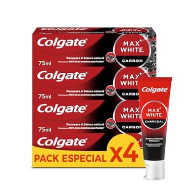 Colgate Max White con Carbón Activado Pasta de Dientes Blanqueadora, Pack 4x75ml, Clínicamente Comprobada que Elimina hasta el 100% de las Manchas Superficiales, Ingredientes de Origen Natural