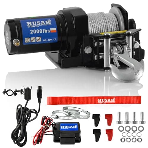 Husar Winch Cabrestante eléctrico 12V, 2000 lbs 907 kg, cable de 15 metros de largo, muy fuerte, control por cable, freno automático, kit de montaje - ideal para quads y ATVs/UTVs