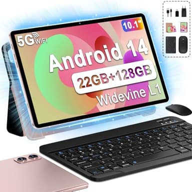 fezawio Tablet 10 Pulgadas Tablets Android 14, 22GB Ram+128GB ROM Octa-Core Tablets 5G WiFi, 8000 Mah, (1tb TF) Tablet con Teclado y RatóN + un año de Seguro contra Rotura de Pantalla- Golden