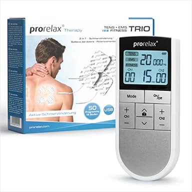 prorelax TENS/EMS Trio | Aparato de electroestimulación | 3 terapias - TENS, EMS, FITNESS | Para relajación, musculación, alivio del dolor | 50 programas | 16 niveles de intensidad