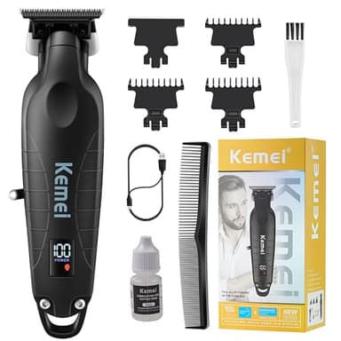 KEMEI 2293 - Recortadora profesional de pelo y barba para hombre, sin huecos, para peluquería con hoja en T, recargable inalámbrica, color plateado
