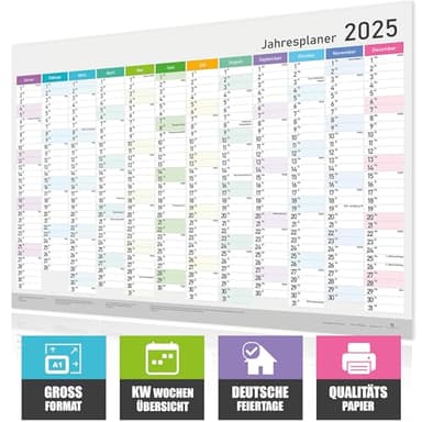 Calendario anual XXL 2025 – Calendario de pared – planificador anual A1 (84 x 59 cm), planificador de pared con semanas calendarios, días festivos – calendario de gran formato para oficina, familia y