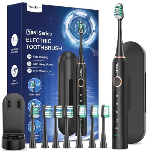 Cepillo de Dientes Eléctrico Sónico para Adultos - Cepillo Electrico Sónico con 8 Cabezales y Estuche de Viaje, 5 Modos, IPX7 Impermeable, Cepillo Dientes Electrico de Viaje Recargable, Negro