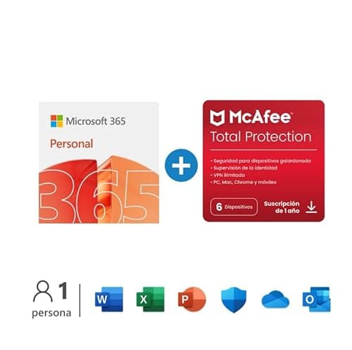 Microsoft 365 Personal | 1 persona |PC/MAC/tableta/teléfono | 12 Meses + McAfee Total Protection 2022 | 6 Dispositivo | 12 Meses | PC/Mac/Android/Smartphones - Código de activación por email