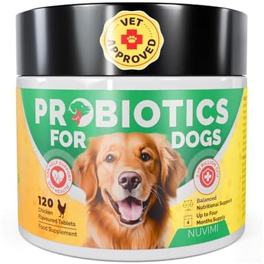 NUVIMI Probióticos para Perros: 120 Comprimidos probióticos y prebióticos con Sabor a Pollo para Perros: Refuerzo inmunológico y Apoyo digestivo (Suministro para 1 a 4 Meses)
