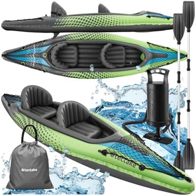 tectake® Kayak Hinchable, Asiento Desmontable, Quilla Acoplable, Remo Doble, Bomba de Doble Acción, Bolsa de Transporte, PVC Resistente, Kayak Inflable, Barca Hinchable, Kayak Pesca - 2 Personas