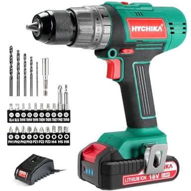 HYCHIKA Taladro Percutor Atornillador 18V 45Nm, Taladro Percutor con 2.0 Ah Batería, 27 Accesorios, 21+3 Ajustes de Par, 2 velocidades ajustables,Cargador Rápido, Para Reparaciones en El Hogar