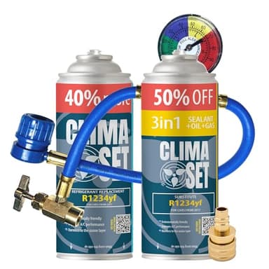 ClimaSet Recambio gas R1234yf - 1x235 g - Kit recarga aire acondicionado coche + R1234yf 3in1-1x 235 g - con manguera y adaptador manometro - Gas aire acondicionado coche - ECO