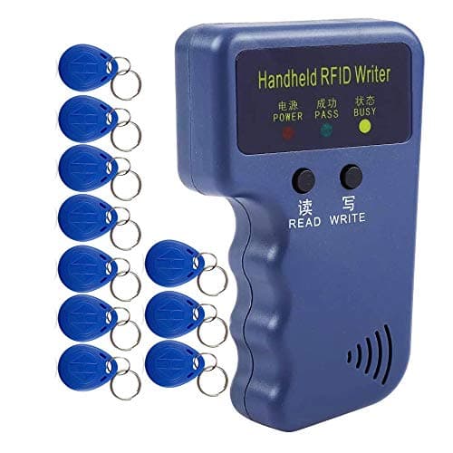 HERNAS-10SCFZQ - Lector RFID de mano (125 kHz, grabador duplicador, clonador de tarjetas de identificación, con 10 etiquetas regrabables, EM4305 T5577), color azul