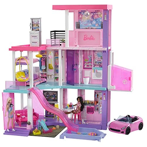 Barbie 60 Aniversario Dreamhouse Casa de muñecas 3 Pisos con 10 Habitaciones, Muebles y más de 70 Accesorios, Incluye 2 muñecas y un Coche, Juguete de Regalo +3 años (Mattel HCD51)