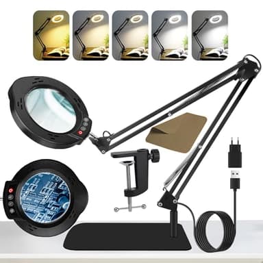 Kevsuvqin 2-EN-1 Lupa con Luz Led para Manualidades, 10X Lupas de Gran Aumento, 5Color & 10Brillo, Lampara con Pinza Metálico & Base Cuadrada Grande, Lampara Lupa Led con Luz para Costura & Reparación