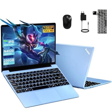 Ordenador portátil 14 Pulgadas 256GB SSD Celeron(hasta 2.8Ghz) Win 11 laptop 1920x1080 FHD Dual 5G WiFi BT 4.2 Soporta 1TB SSD Expansión con Ratón Inalámbrico para Trabajo-Estudio-Aprendizaje-Azul